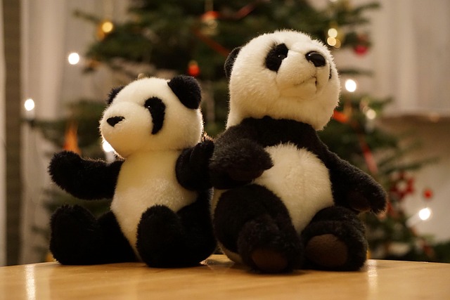 toy store shelf with realistic plush toys organized by color and size